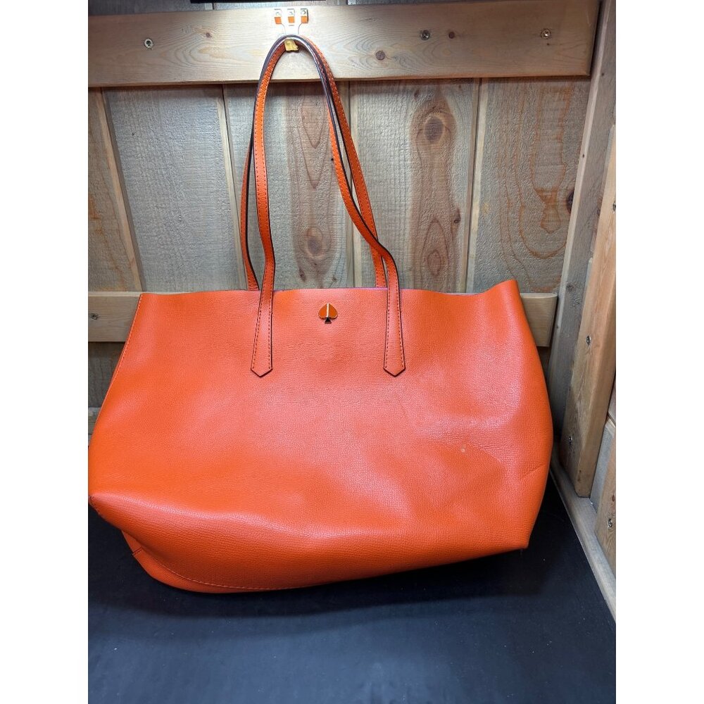 Kate Spade New York Orange Leather Tote Bag With Spade Logo & Pink Interior